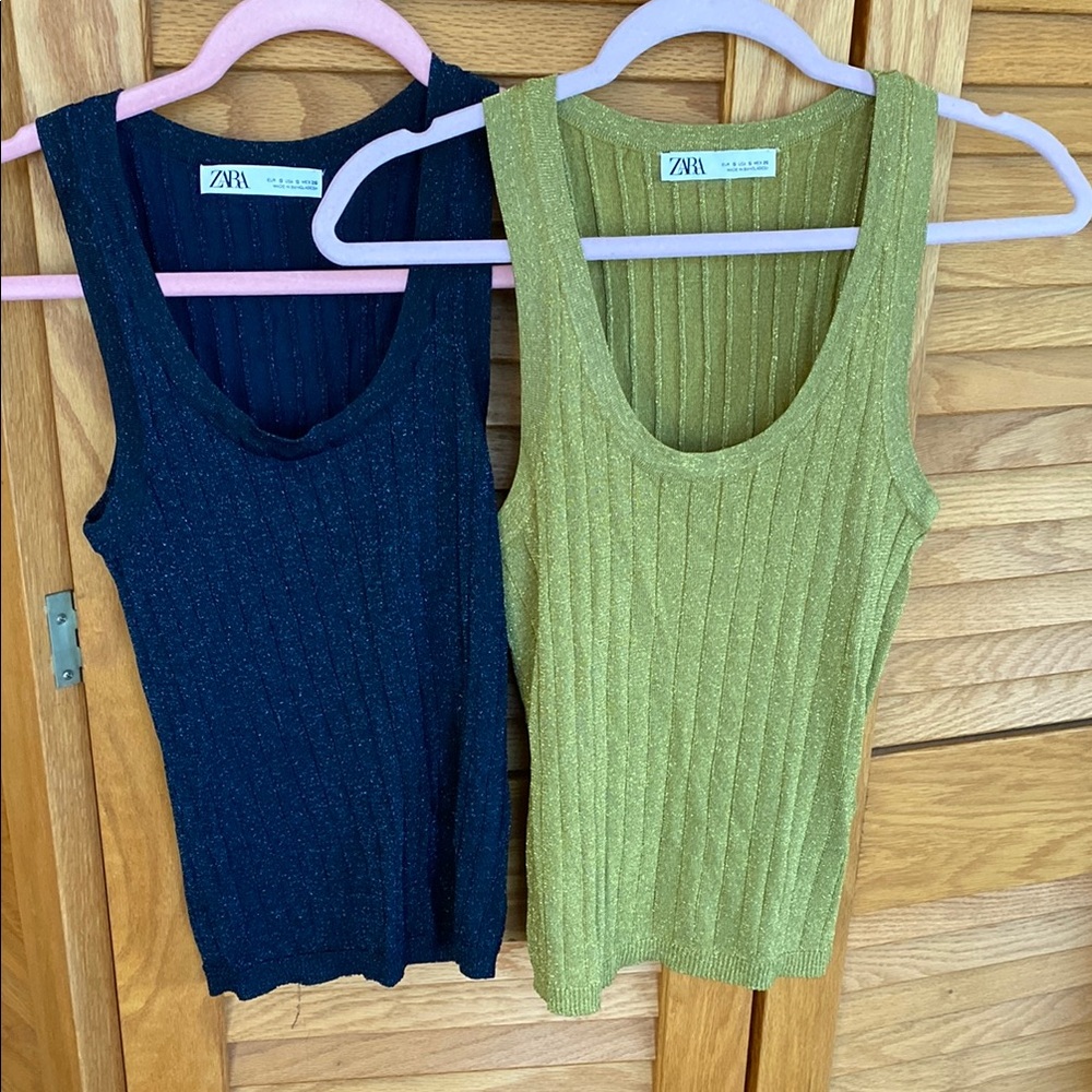 Zara Women's Ribbed glitter Tank Tops - navy blue and Green